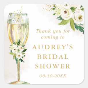 Personalisiertes weißes Blumen Champagnerglas Quadratischer Aufkleber