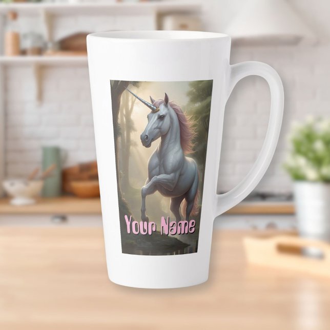 Personalisiertes Weißes Einhorn im Wald Milchtasse (Personalized White Unicorn in Forest Latte Mug)