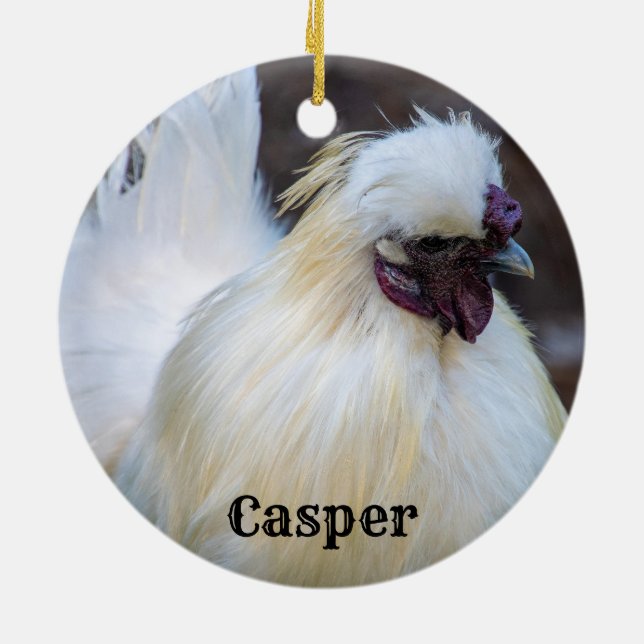 Personalisiertes Weißes Silkie Hühnerrooster Keramik Ornament (Hinten)