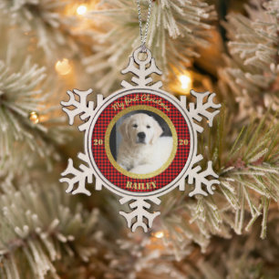 Personalisiertes Welpe's erstes Foto zu Weihnachte Schneeflocken Zinn-Ornament
