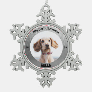 Personalisiertes Welpe's erstes Foto zu Weihnachte Schneeflocken Zinn-Ornament