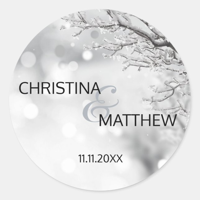 Personalisiertes Winter Wonderland Snow Wedding SI Runder Aufkleber (Vorderseite)