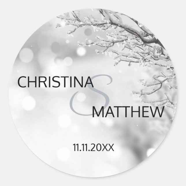 Personalisiertes Winter Wonderland Snow Wedding SI Runder Aufkleber (Vorderseite)