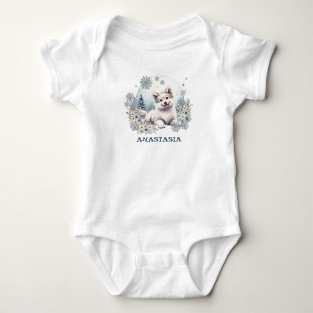 Personalisiertes Winterthema niedlicher Wolfshund  Baby Strampler (Vorderseite)
