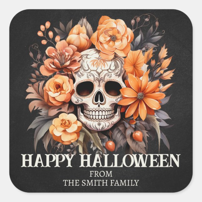 Personalisiertes Zuckerschädel Halloween Quadratischer Aufkleber (Vorderseite)