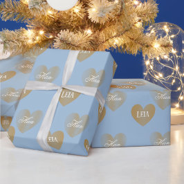 Personalisiertes zweimaliges goldenes Herz, Eisbla Geschenkpapier