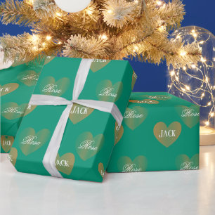 Personalisiertes, zweimaliges goldenes Herz, grün Geschenkpapier