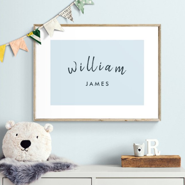 Personalisischer Name Kinderspielraum Boy Pastel B Poster (Shown framed. Print is designed with a white border that gives the illusion of a mat.)