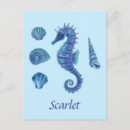 Personalizable Blue Seepferd & Seashells Postkarte