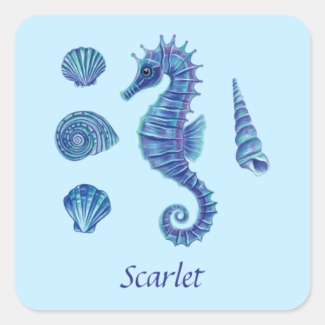 Personalizable Blue Seepferd & Seashells Quadratischer Aufkleber (Vorderseite)