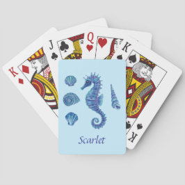 Personalizable Blue Seepferd & Seashells Spielkarten