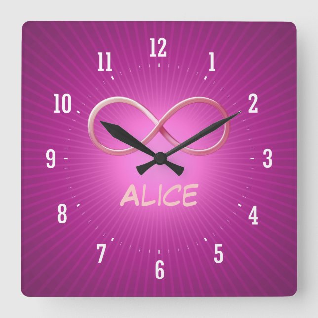 Personalizable Unendlichkeits-Symbol auf rosa Quadratische Wanduhr (Vorderseite)