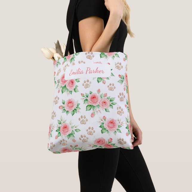 Personalizable Watercolor Rose and Paw Print Tote  Tasche (Von Nahem)