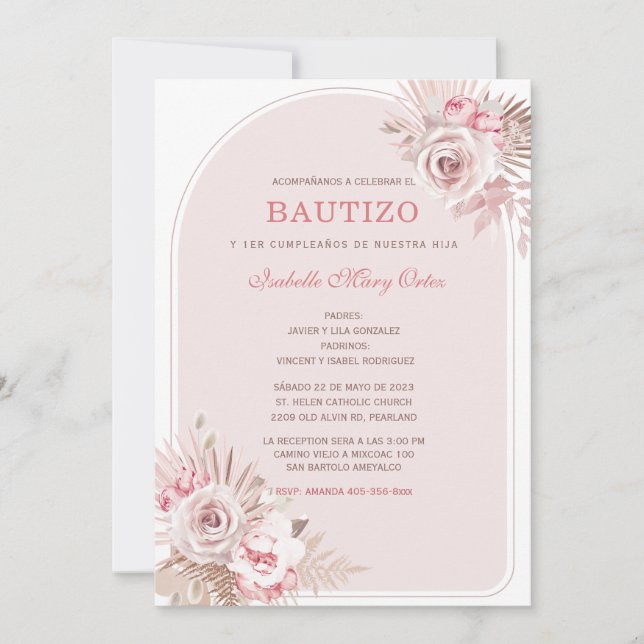 Personalizada de Bautizo para Niña con Flores Rosa Einladung (Vorderseite)