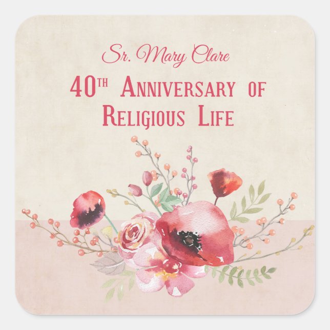 Personalize, 40th Anniversary Nun, Pink und Quadratischer Aufkleber (Vorderseite)