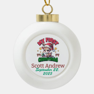 Personalize Baby First Christmas Brown Santa Deer Keramik Kugel-Ornament