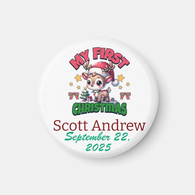 Personalize Baby First Christmas Brown Santa Deer Magnet (Vorne)