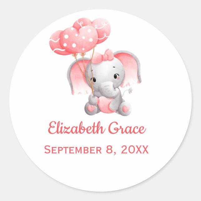 Personalize Baby Girl Pink Elephant Ballon Runder Aufkleber (Vorderseite)