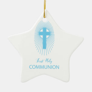 Personalize, Blue First Heilige Kommuny Cross Gast Keramik Ornament