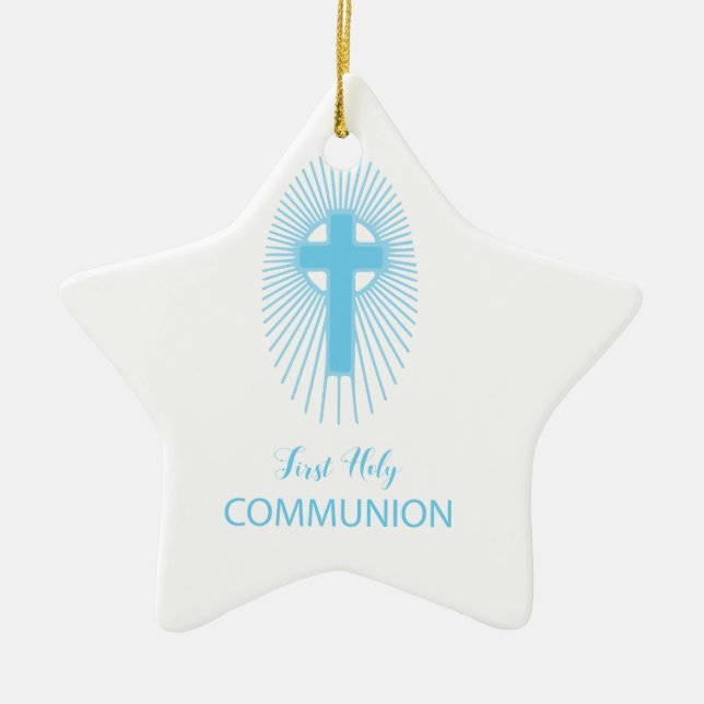 Personalize, Blue First Heilige Kommuny Cross Gast Keramik Ornament (Vorne)