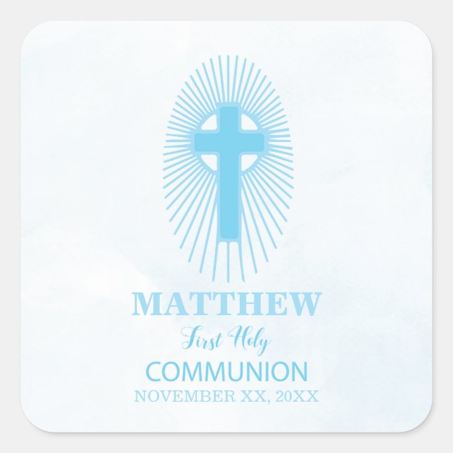 Personalize, Blue First Heilige Kommuny Cross Gast Quadratischer Aufkleber (Vorderseite)