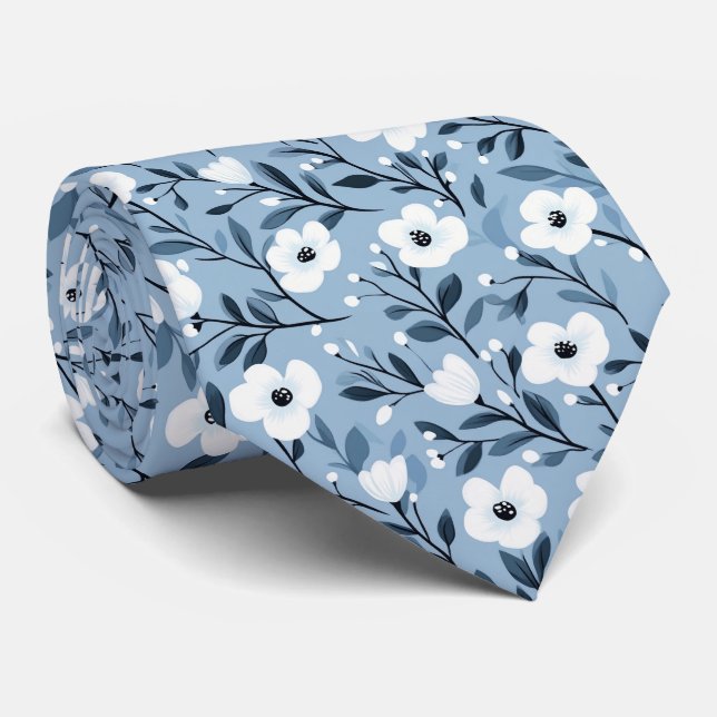 Personalize Blue White Bold Botanical Floral Krawatte (Gerollt)