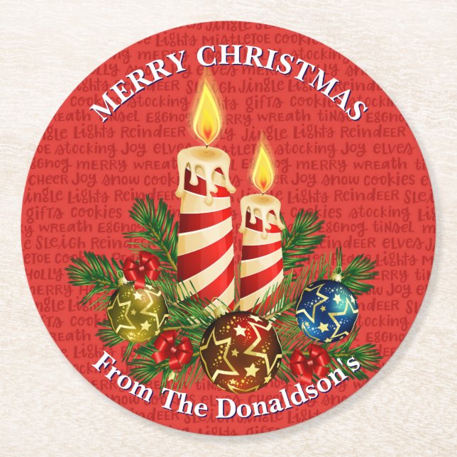 Personalize Christmas Candles Family Name 6 Runder Pappuntersetzer (Vorderseite)