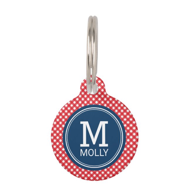 Personalize Country Picnic Red Gingham Monogram Tiernamensmarke (Vorderseite)