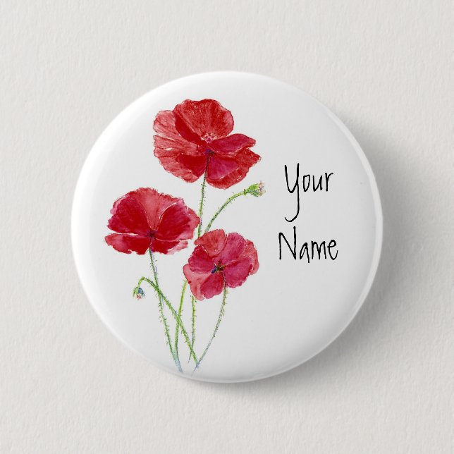 Personalize - Custom - Red Poppies - Watercolor Button (Vorderseite)