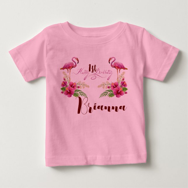 Personalize Flamingo Hibiskus Pink Girly Birthday Baby T-shirt (Vorderseite)
