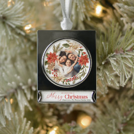 Personalize Foto Gold Floral Frohe Weihnachten Banner-Ornament Silber