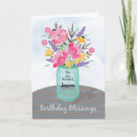 Personalize Friend Name Birthday Blessings Jar Karte<br><div class="desc">Auf einem Tisch sitzt ein hübsches,  mit Aquarellfarben gefülltes Maurerkuchen mit Blume. Es ist für Sie bereit,  mit dem Namen und/oder der Beziehung zu personalisieren!</div>