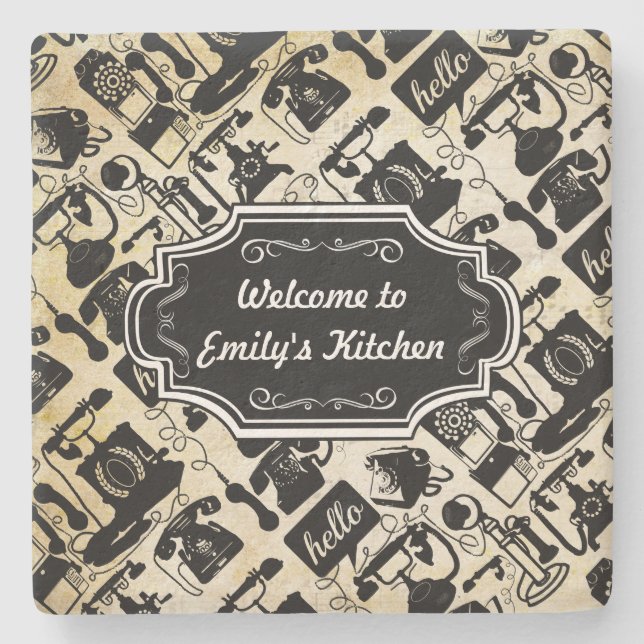 Personalize Hallo Willkommen bei Kitchen Retro Tel Steinuntersetzer (Vorderseite)