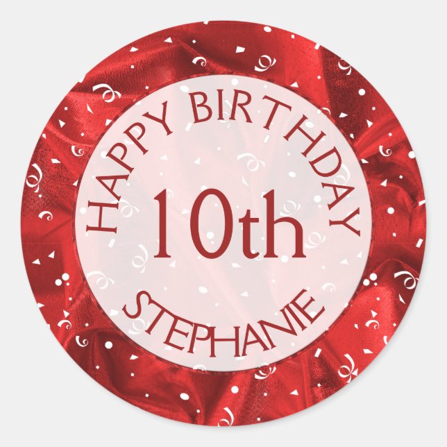 Personalize: "Happy Birthday" Red Textured Fabric Runder Aufkleber (Vorderseite)