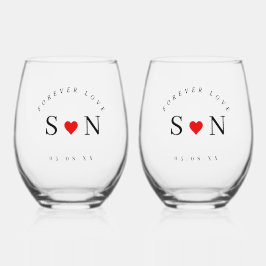 Personalize Love Shape Stem Wedding Monogram  Weinglas Ohne Stiel