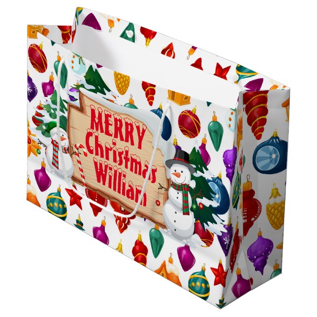 Personalize Merry Christmas Snowmen Large Gift Bag Große Geschenktüte (Vorderseite Schrägansicht)