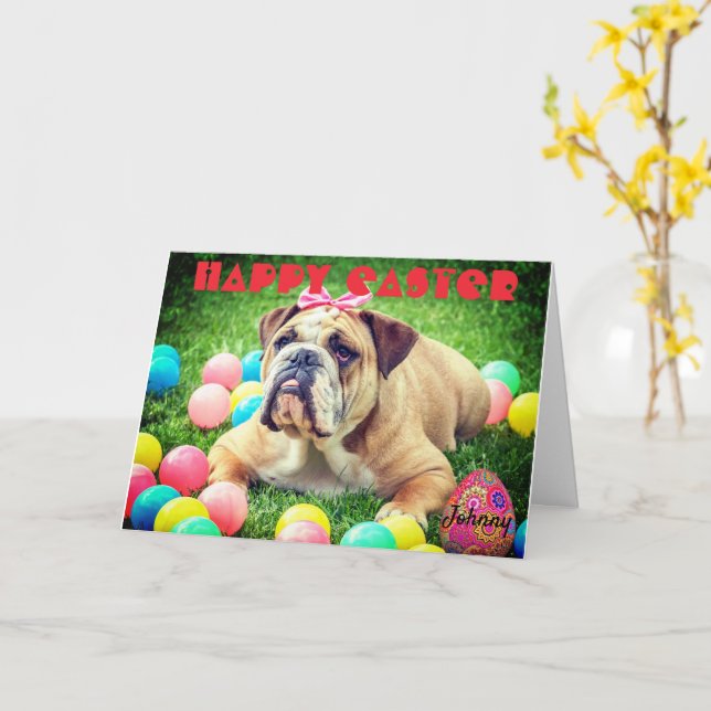 Personalize Name GLÜCKY EASTER Bulldog Funny Niedl Karte (Gelbe Blume)