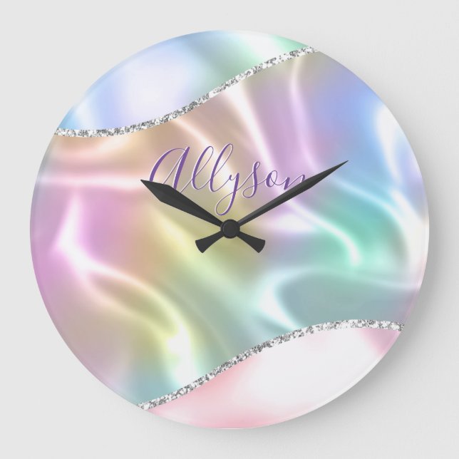 Personalize Name Purple Script, Iridescent Wave Große Wanduhr (Vorderseite)