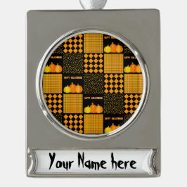 Personalize - Pumpkin Halloween Patchwork Pattern Banner-Ornament Silber