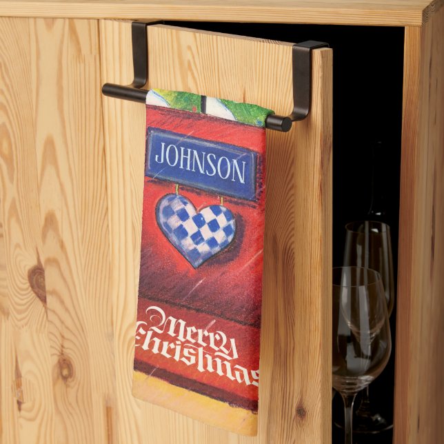 Personalize Red Door - Frohe Weihnachten gemütlich Geschirrtuch (Drittel gefaltet)