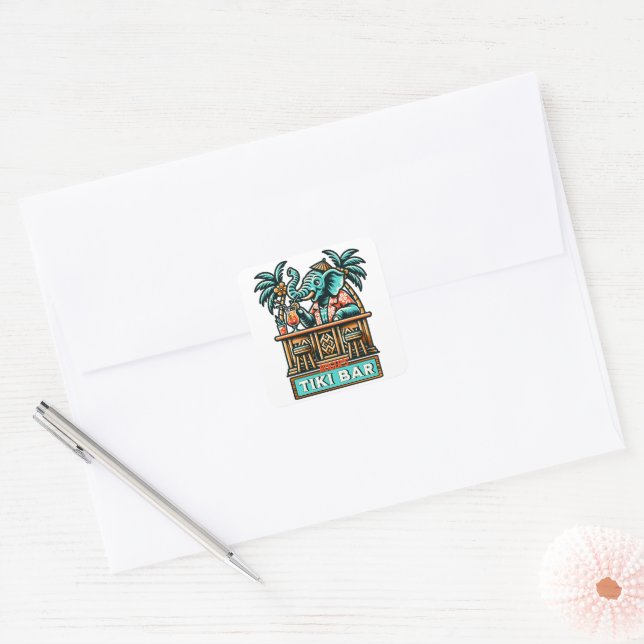 Personalize Retro Elephant Tiki Bar Quadratischer Aufkleber (Umschlag)