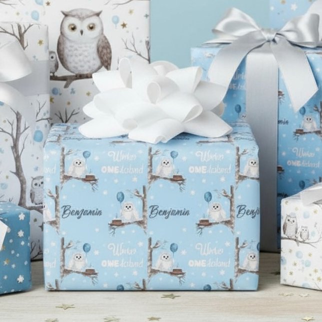Personalize Snowy Owl Winter Onederland Birthday Geschenkpapier (Von Creator hochgeladen)