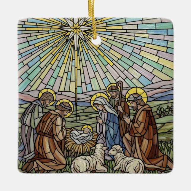 Personalize Stained Glass Nativity Scene Christmas Keramikornament (Vorderseite)