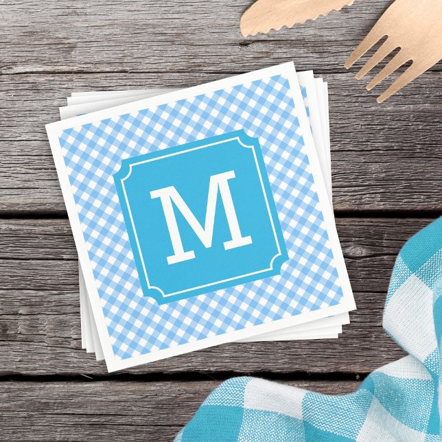 Personalize Stylish Baby Blue Gingham Monogram Serviette (Von Creator hochgeladen)