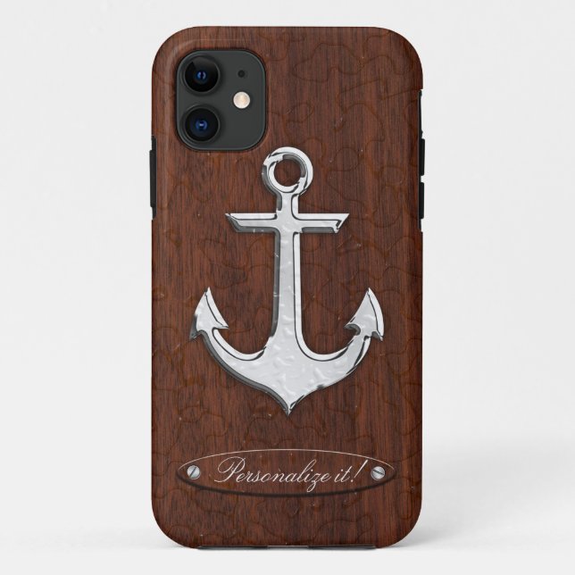 Personalize! Wet Nautical Mahogany Anchor Steel Case-Mate iPhone Hülle (Rückseite)