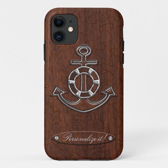 Personalize! Wet Nautical Mahogany Anchor Steel Case-Mate iPhone Hülle (Rückseite)