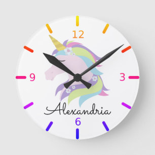 Personalize Your Own Colorful Floral Unicorn Runde Wanduhr