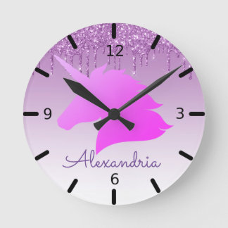 Personalize Your Own Purple Glitter Unicorn Runde Wanduhr