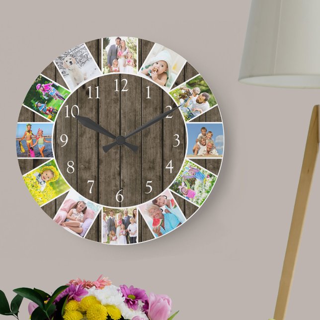 Personalized 12 Photo Collage Dark Wood Round Große Wanduhr (Photo clock with 12 photos, one at each hour. Great design for your home or a thoughtful photo gift.)