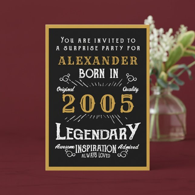 Personalized 21st Birthday 2005 Black Gold Legend Einladung (2005 birthday invitation. Red background.)